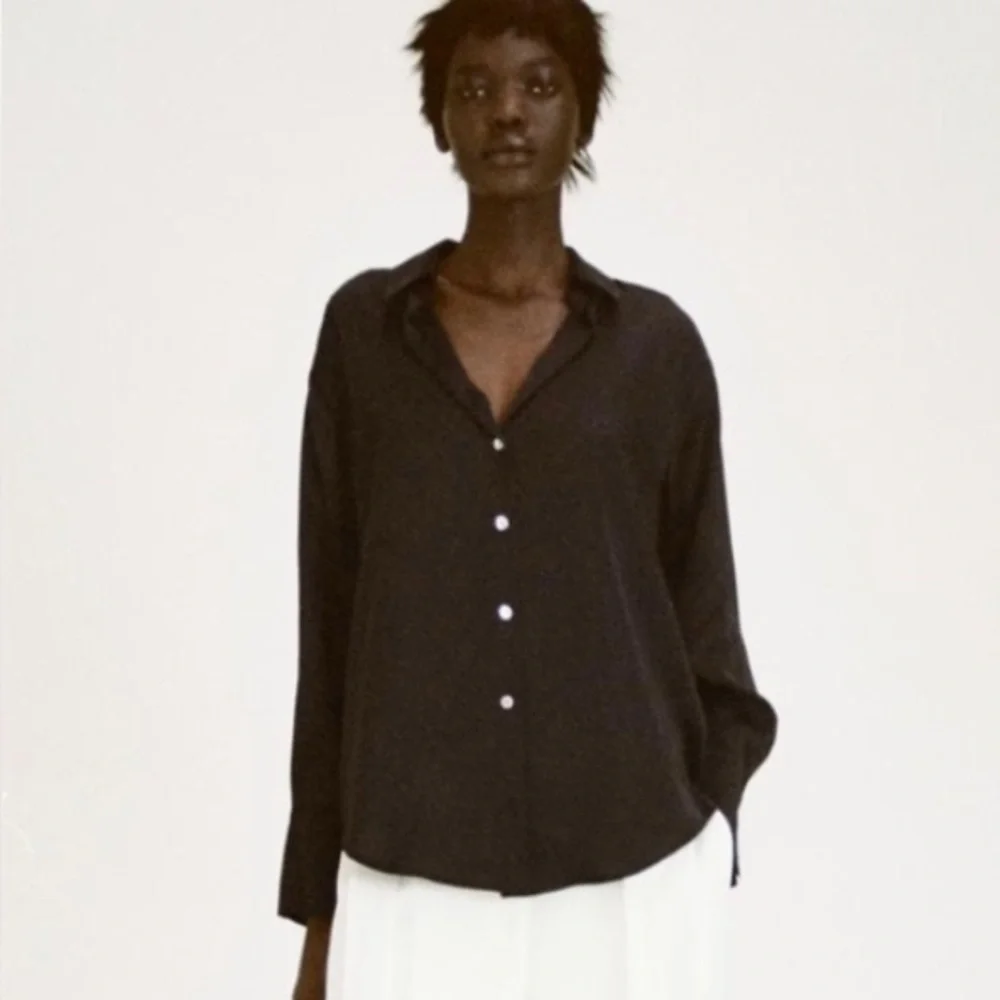Zara Black Satin Button-Down Shirt - Picture 2 of 8